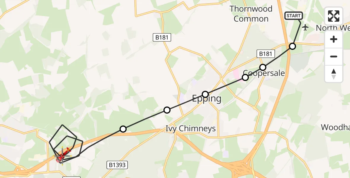 Flight route map: Air Ambulance Helicopter to Epping Forest, M25