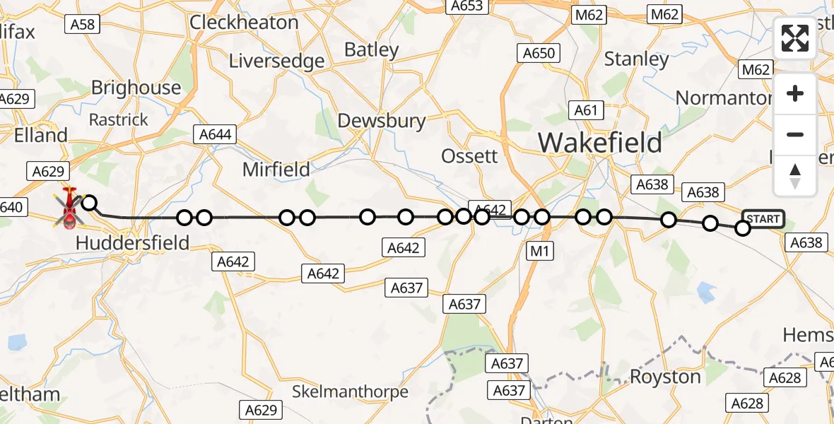 Flight route map: Air Ambulance Helicopter to Lindley, Daisy Lea Lane