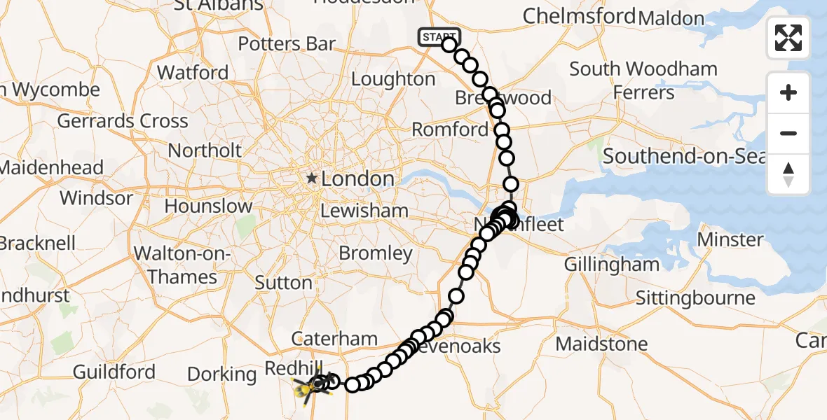 Routekaart van de vlucht: Police Helicopter to South Nutfield, M23