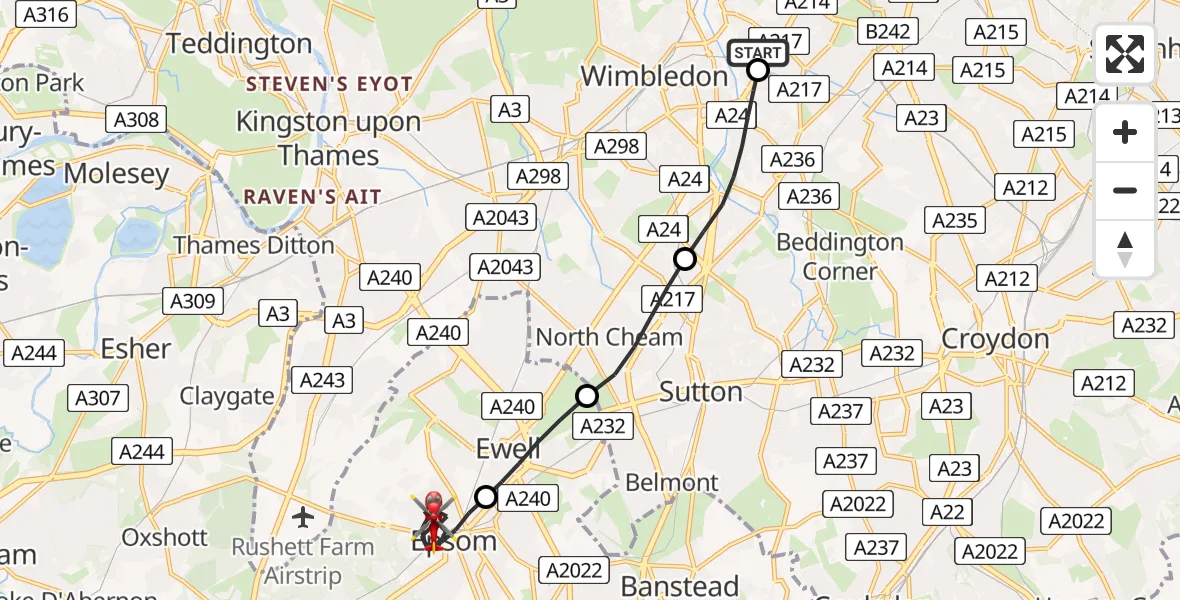 Flight route map: Air Ambulance Helicopter to Epsom, Pound Lane