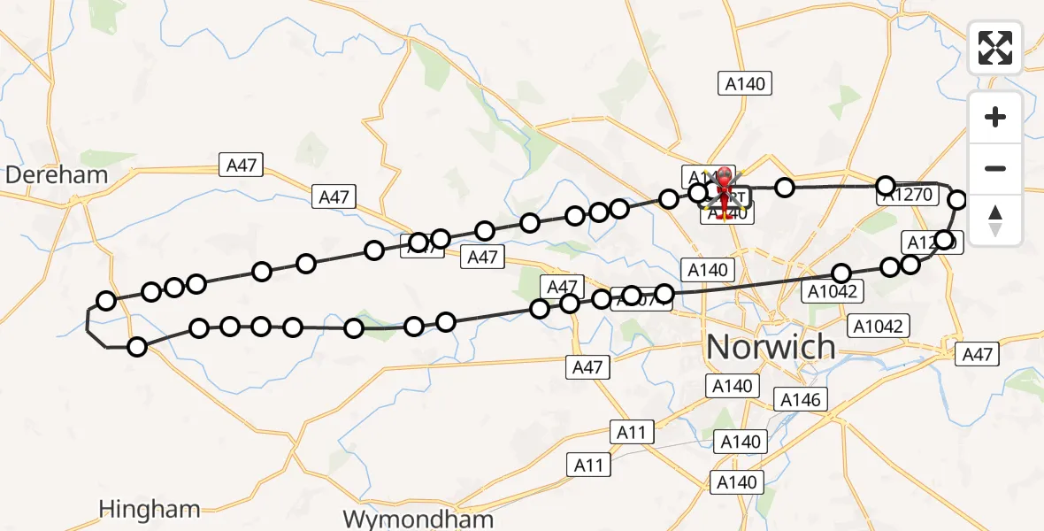 Flight route map: Air Ambulance Helicopter to Norwich Airport, Norwich Airport