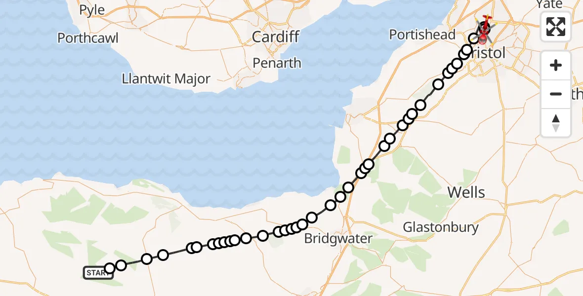 Flight route map: Air Ambulance Helicopter to Bristol, Southmead Road