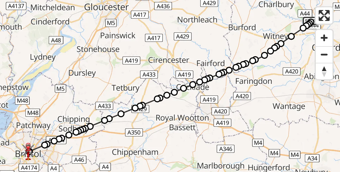 Flight route map: Air Ambulance Helicopter to Bristol Royal Infirmary, Bristol Royal Infirmary