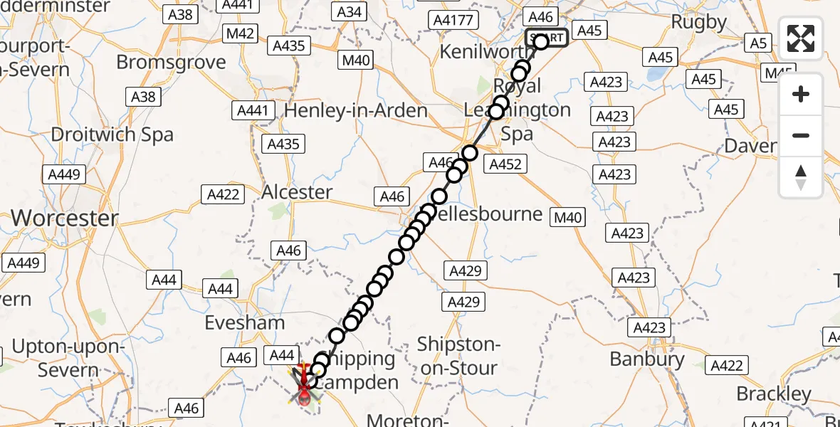 Flight route map: Air Ambulance Helicopter to Broadway, High Street