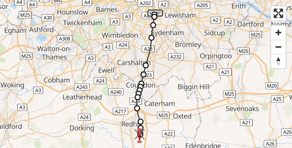 Flight route map: Air Ambulance Helicopter to Redhill Aerodrome, Redhill Aerodrome