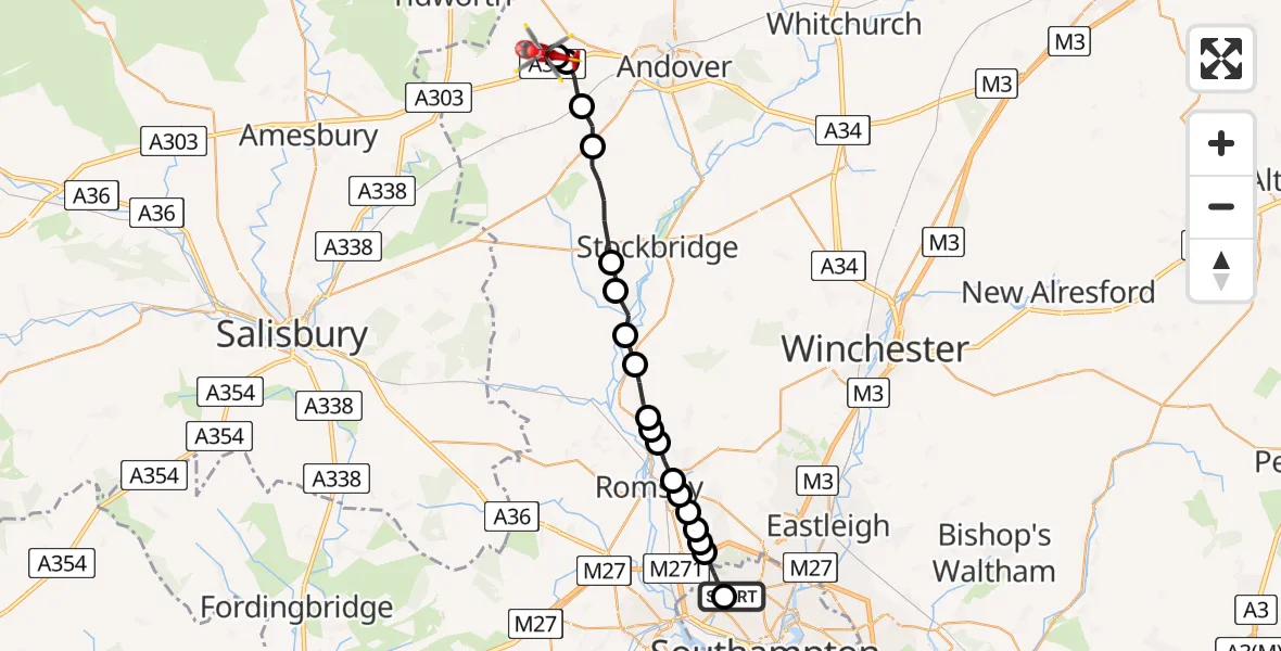 Flight route map: Air Ambulance Helicopter to Fyfield, Fyfield