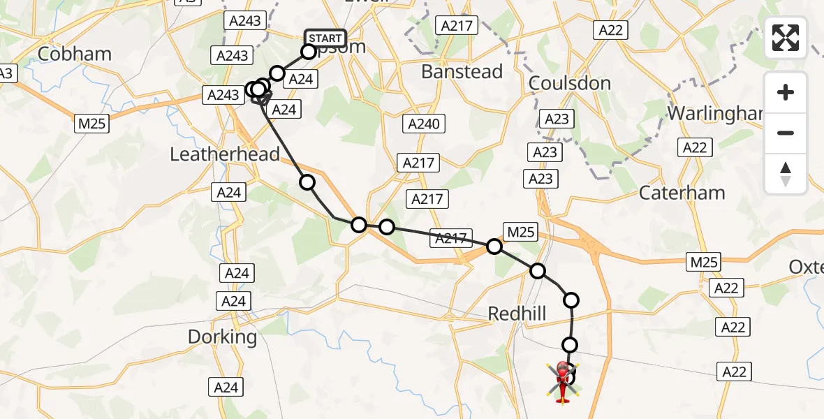 Flight route map: Air Ambulance Helicopter to Redhill Aerodrome, Redhill Aerodrome