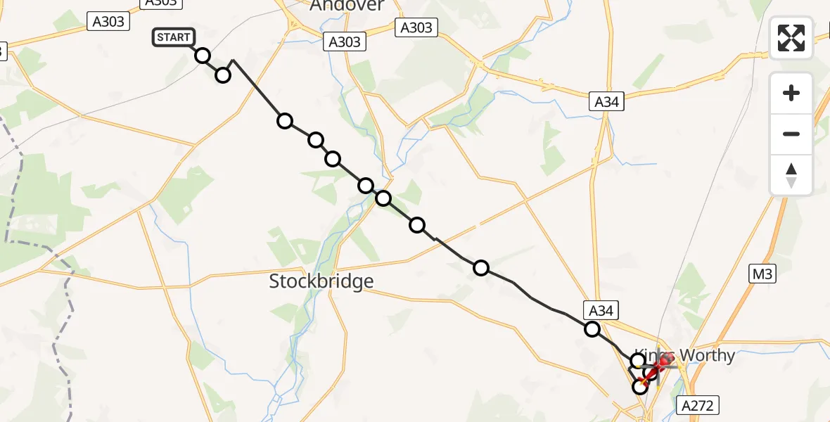 Flight route map: Air Ambulance Helicopter to Kings Worthy, Well House Lane