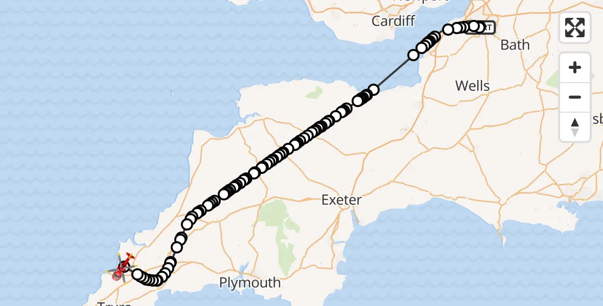 Flight route map: Air Ambulance Helicopter to Cornwall Airport Newquay, Cornwall Airport Newquay