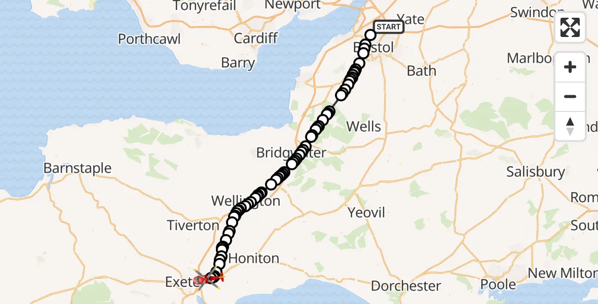 Flight route map: Air Ambulance Helicopter to Exeter International Airport, Exeter International Airport