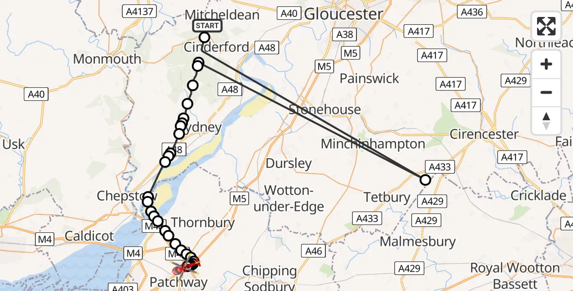 Flight route map: Air Ambulance Helicopter to Almondsbury Helicopter Base, Woodlands Lane