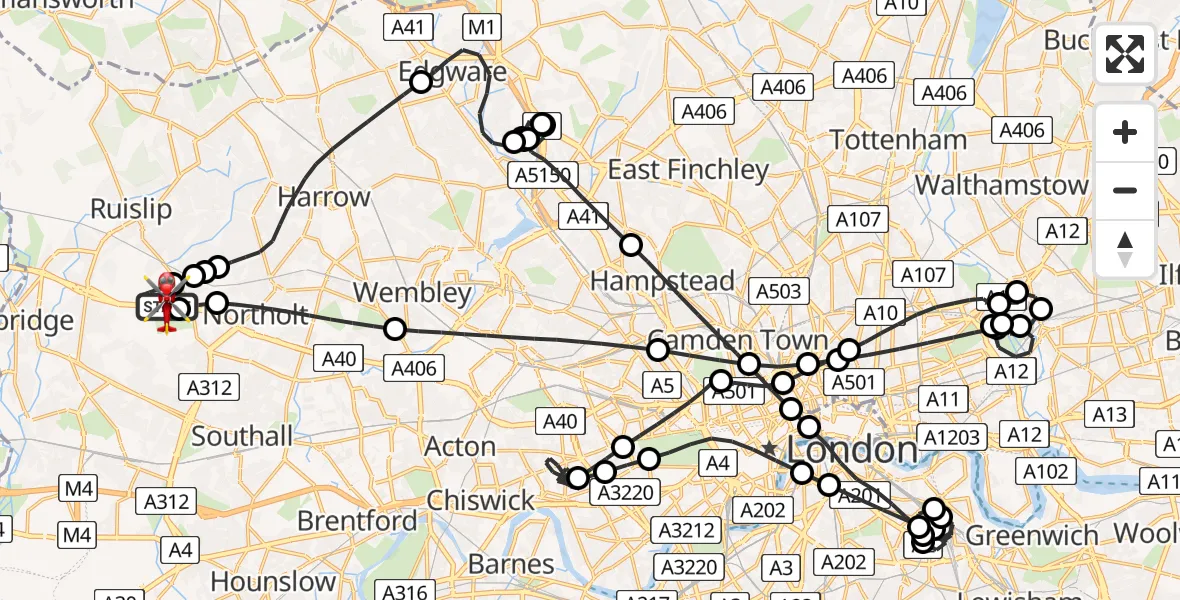 Flight route map: Air Ambulance Helicopter to RAF Northolt, RAF Northolt