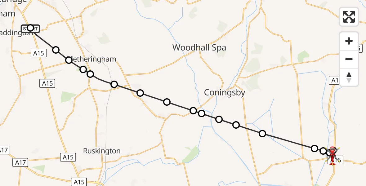 Flight route map: Air Ambulance Helicopter to Sibsey, Millers Gate