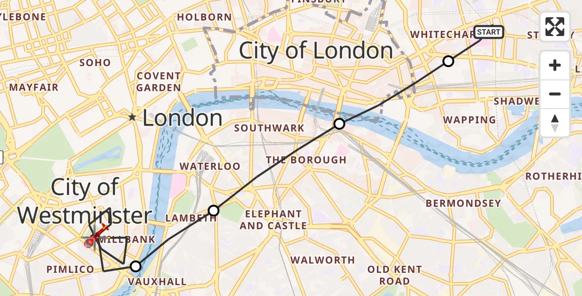 Flight route map: Air Ambulance Helicopter to City of Westminster, Vincent Square