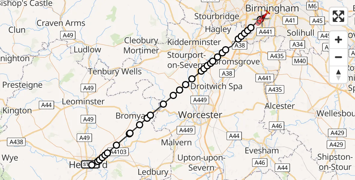 Flight route map: Air Ambulance Helicopter to Metchley, West Gate