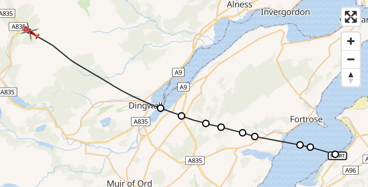 Flight route map: Air Ambulance Helicopter to Dingwall, Rosemarkie