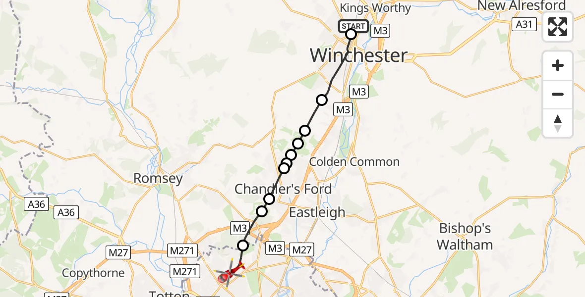 Flight route map: Air Ambulance Helicopter to University Hospital Southampton, Seymour Road
