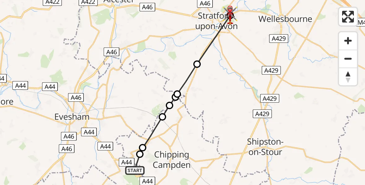 Flight route map: Air Ambulance Helicopter to Tiddington, Tiddington Road