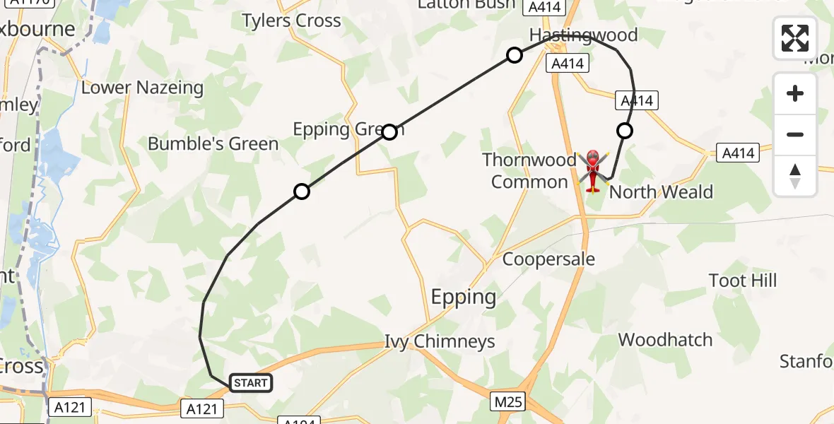 Flight route map: Air Ambulance Helicopter to North Weald Airfield, North Weald Airfield