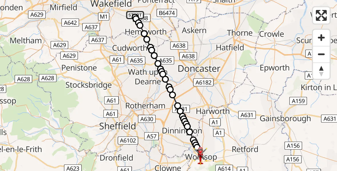 Flight route map: Air Ambulance Helicopter to Worksop, Central Avenue