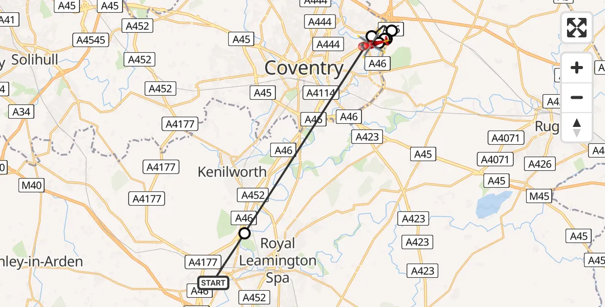 Flight route map: Air Ambulance Helicopter to Coventry, Fitzroy Close