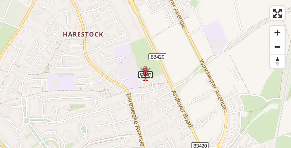Flight route map: Air Ambulance Helicopter to Littleton, East Woodhay Road