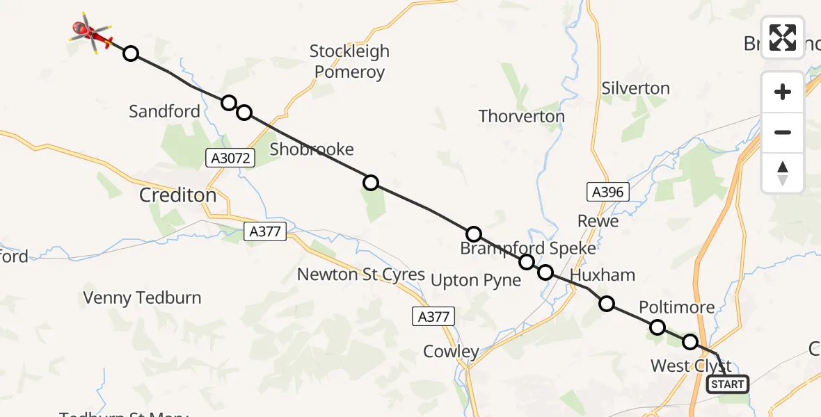 Flight route map: Air Ambulance Helicopter to Mid Devon, Yarmleigh Lane