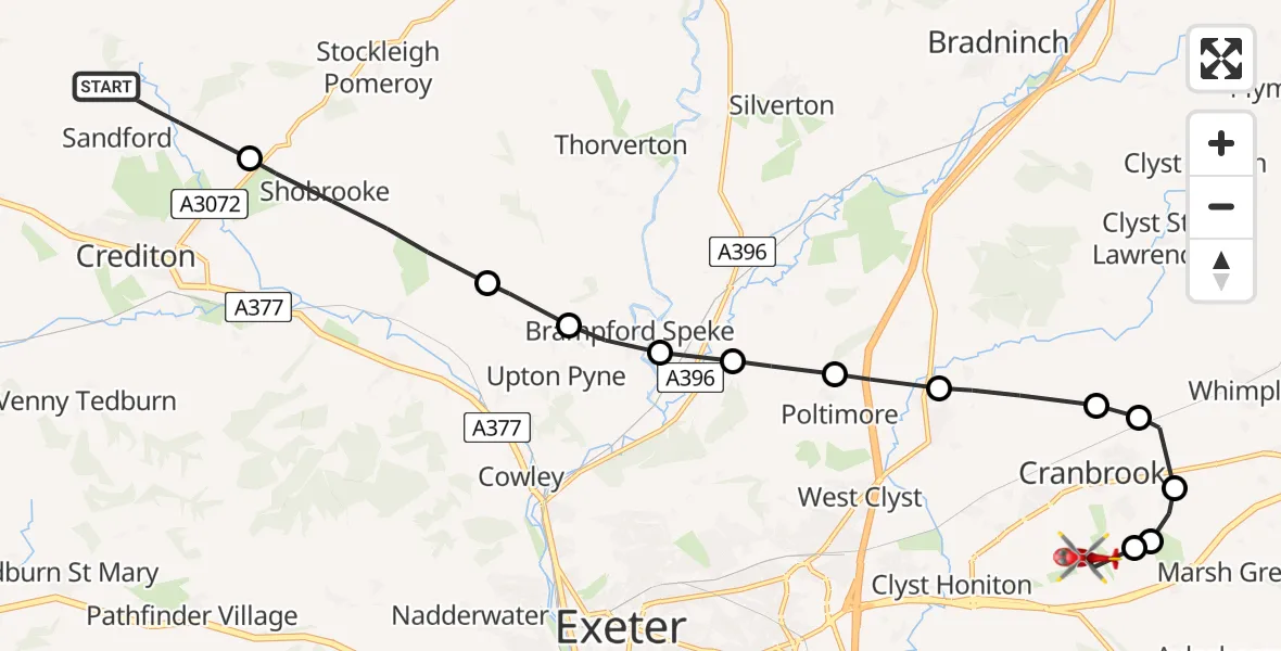 Flight route map: Air Ambulance Helicopter to Exeter International Airport, Exeter International Airport
