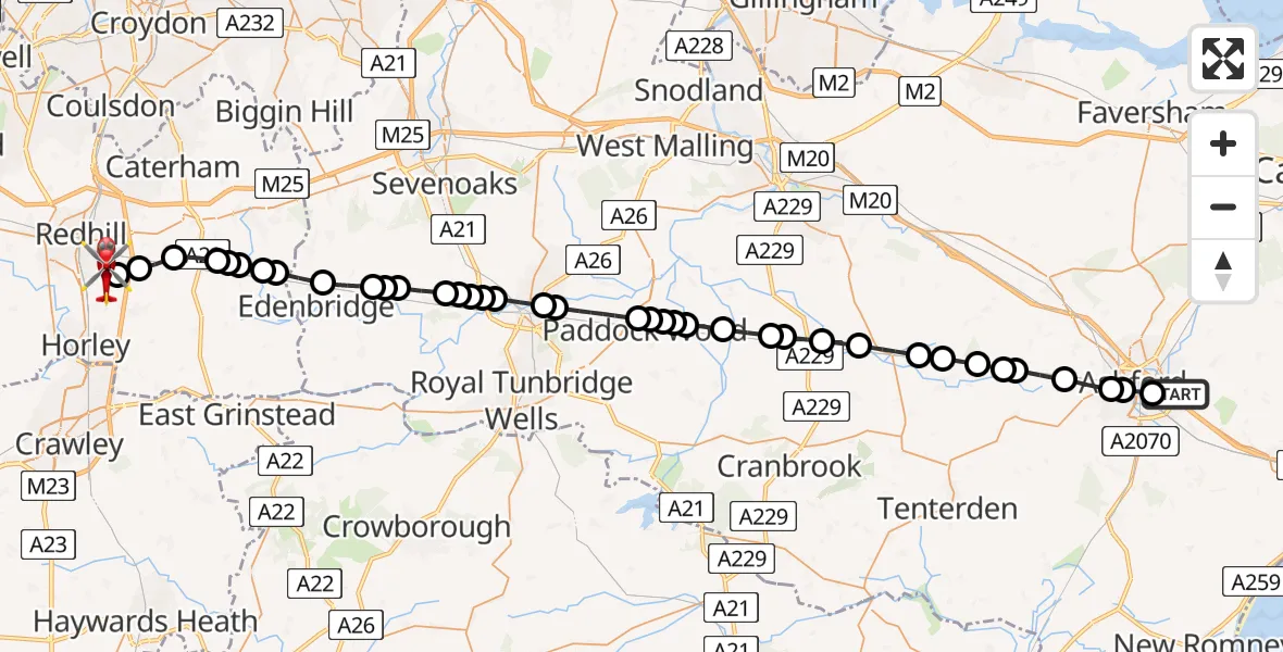 Flight route map: Air Ambulance Helicopter to Redhill Aerodrome, Redhill Aerodrome