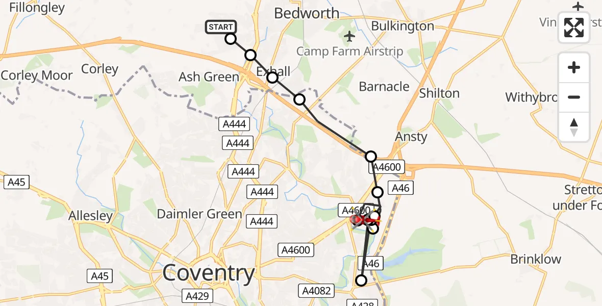 Flight route map: Air Ambulance Helicopter to Coventry, Fitzroy Close