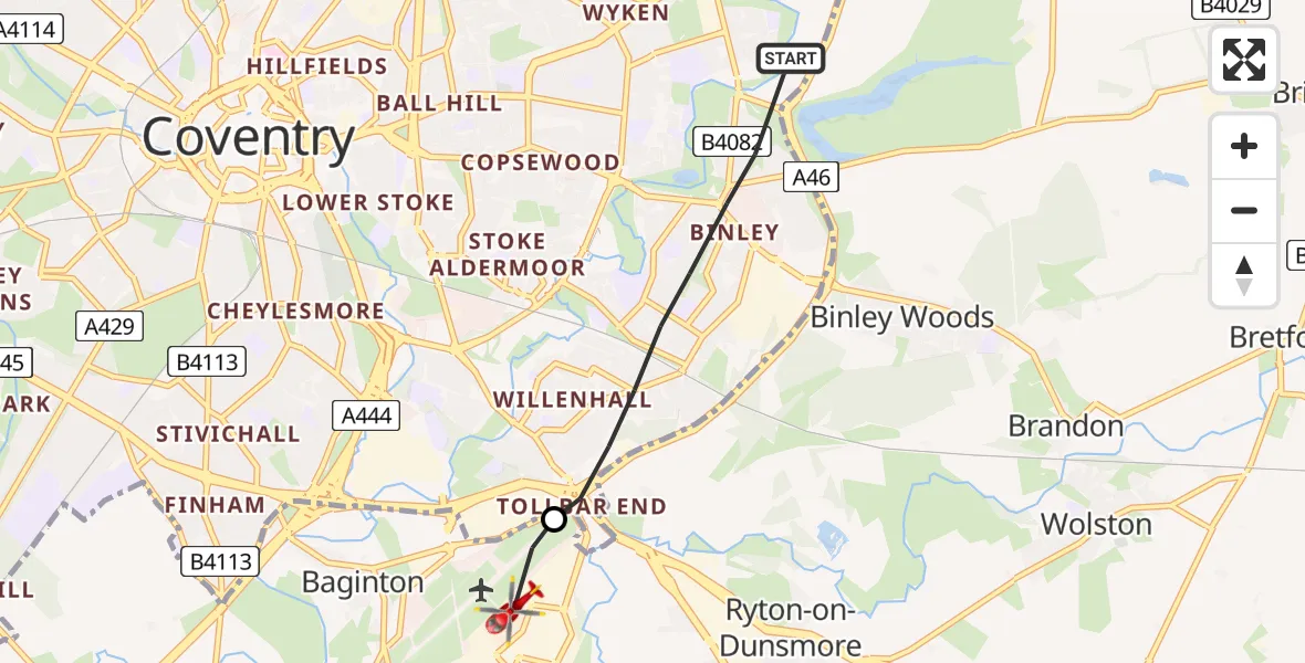 Flight route map: Air Ambulance Helicopter to Coventry Airport, Coventry Airport