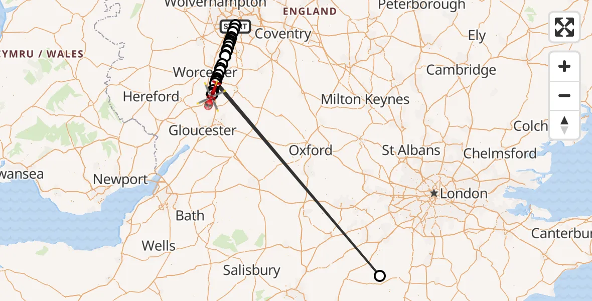 Flight route map: Air Ambulance Helicopter to Hill Croome, Baughton Lane