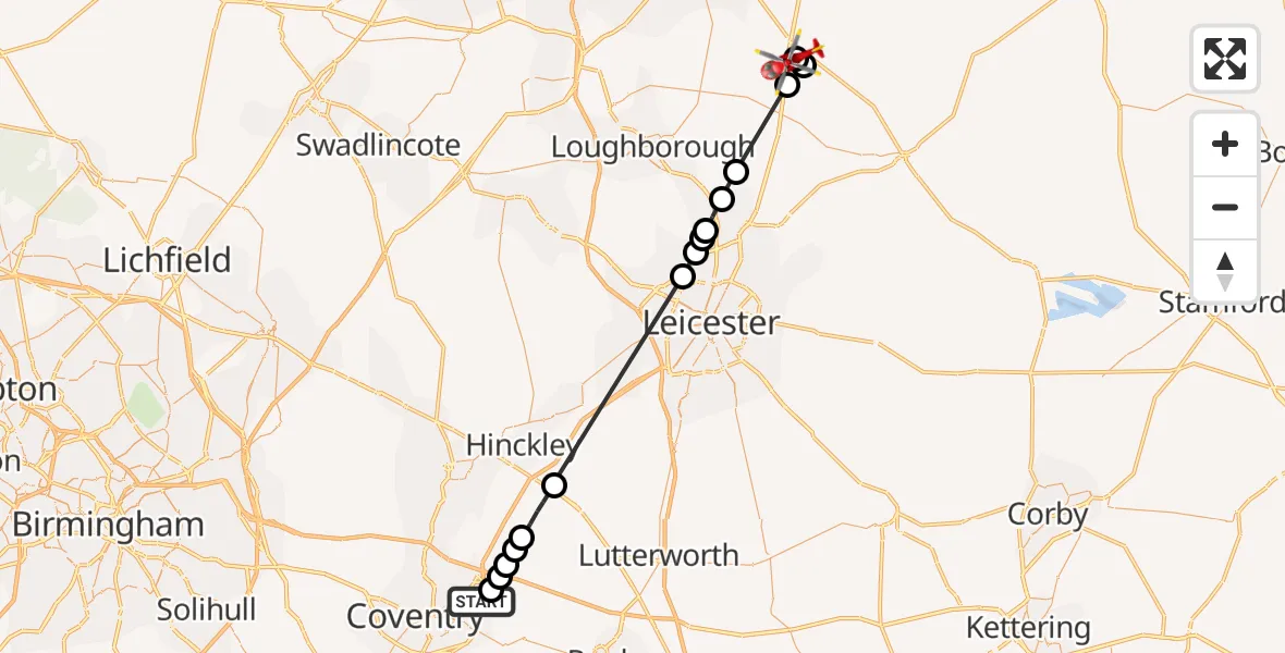 Flight route map: Air Ambulance Helicopter to Nottingham Heliport, Nottingham Heliport