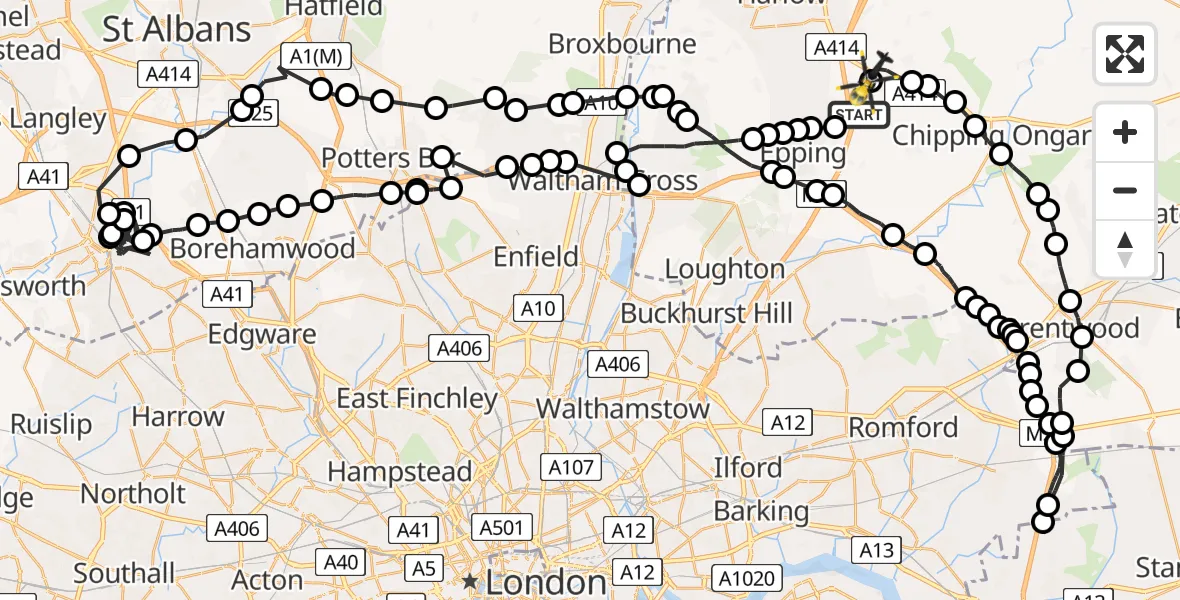 Flight route map: Police Helicopter to North Weald Bassett, Rayley Lane