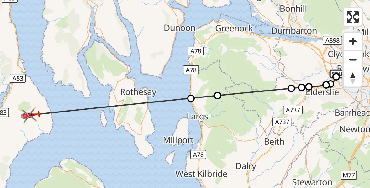Flight route map: Air Ambulance Helicopter to Inner Seas, Glasgow Airport