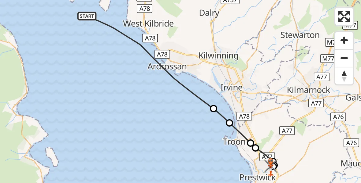 Flight route map: Coastguard Helicopter to Glasgow Prestwick Airport, Glasgow Prestwick Airport