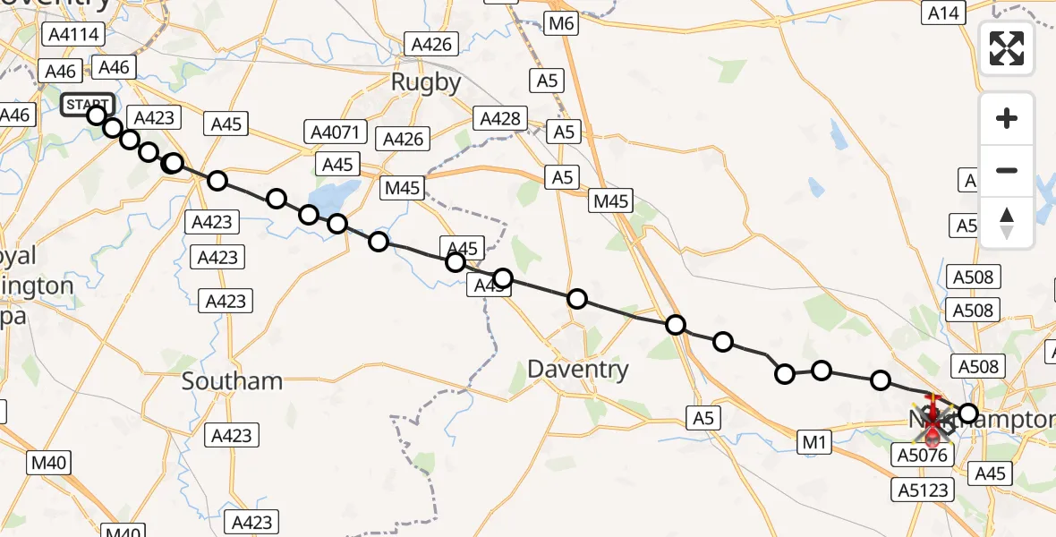 Flight route map: Air Ambulance Helicopter to Northampton, Walter Tull Way