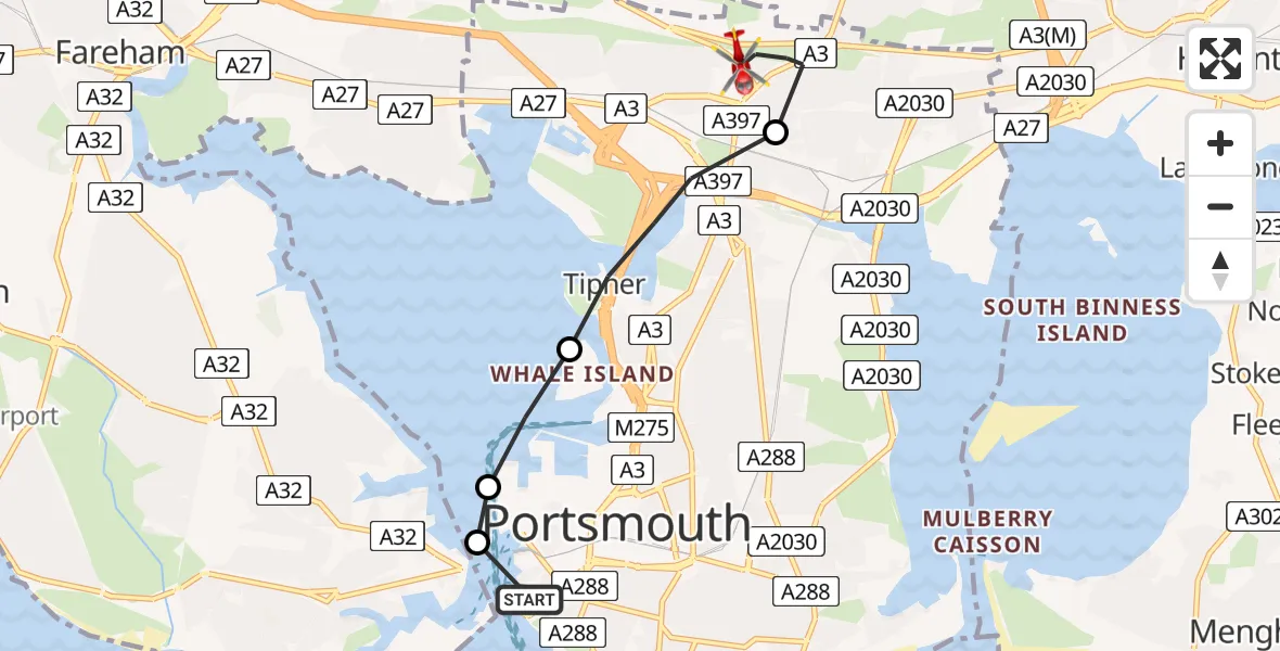 Flight route map: Air Ambulance Helicopter to Queen Alexandra Hospital, Queen Alexandra Hospital