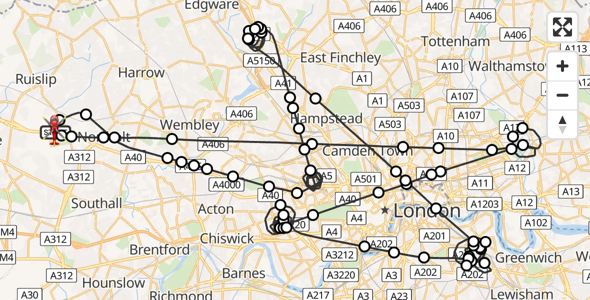 Flight route map: Air Ambulance Helicopter to RAF Northolt, RAF Northolt