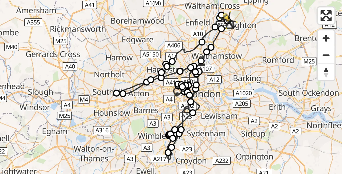 Flight route map: Police Helicopter to Sewardstonebury, The Elms