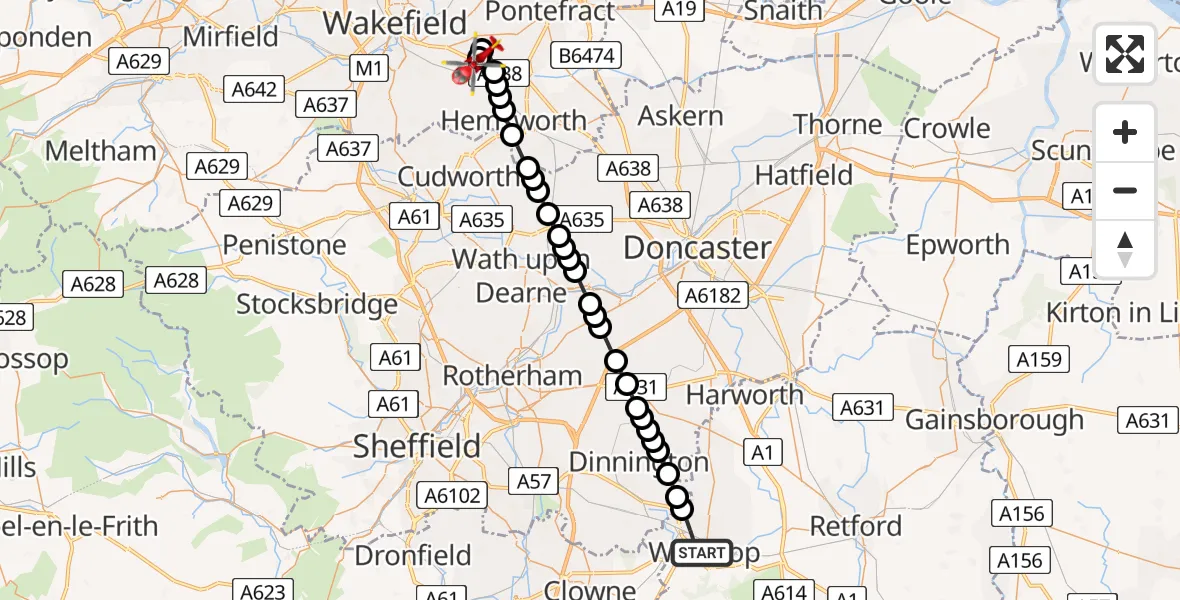 Flight route map: Air Ambulance Helicopter to YAA Nostell Helicopter Port, YAA Nostell Helicopter Port