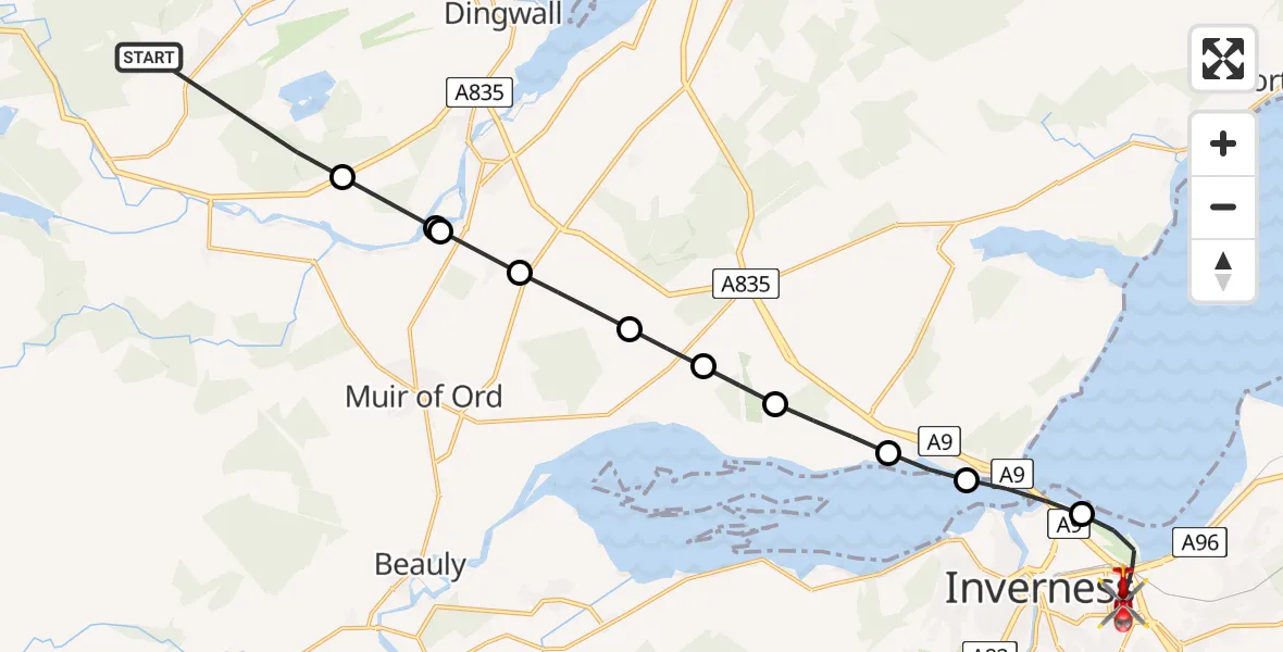 Flight route map: Air Ambulance Helicopter to Inverness, Ashton Road
