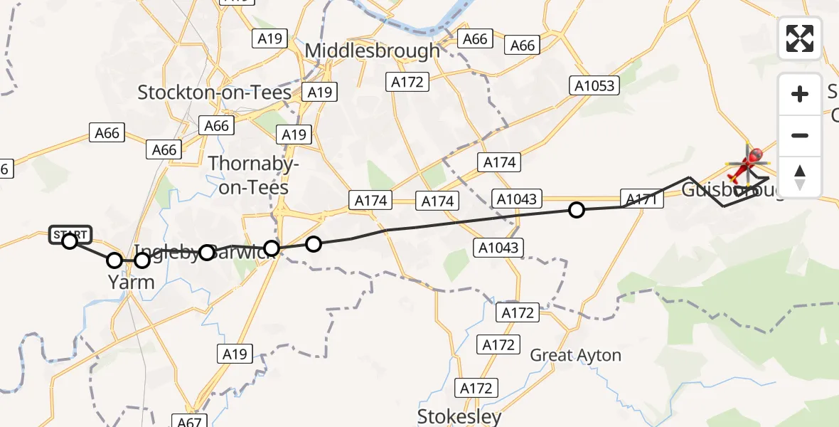 Flight route map: Air Ambulance Helicopter to Guisborough, Brompton Avenue