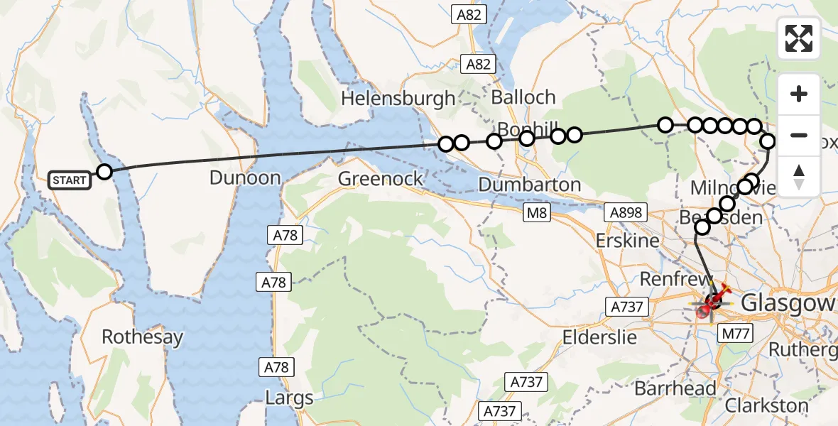Flight route map: Air Ambulance Helicopter to Queen Elizabeth Hospital, Queen Elizabeth Hospital