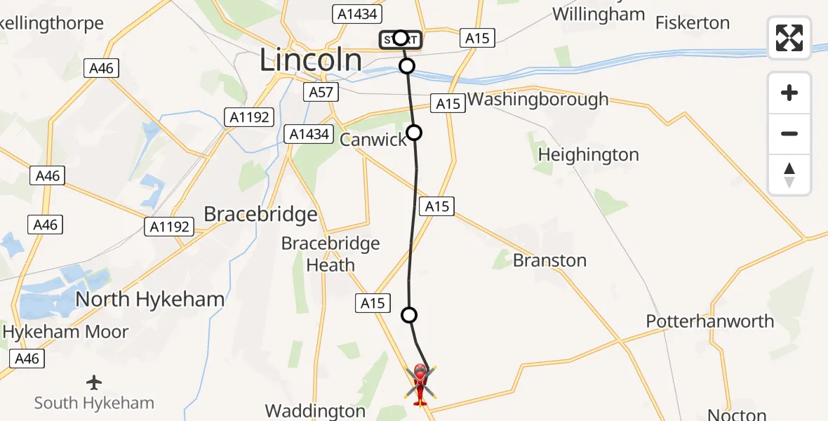 Flight route map: Air Ambulance Helicopter to North Kesteven, Sleaford Road