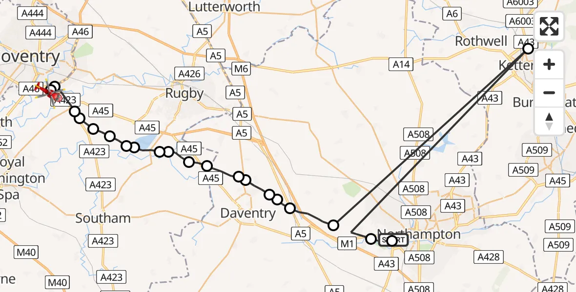 Flight route map: Air Ambulance Helicopter to Coventry Airport, Coventry Airport