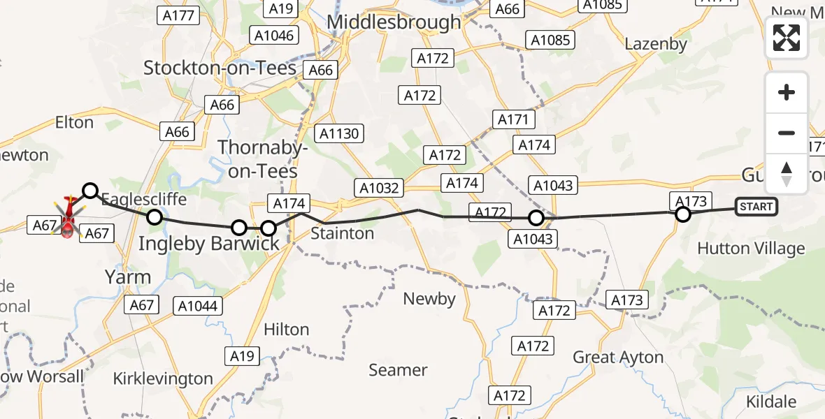 Flight route map: Air Ambulance Helicopter to Egglescliffe, Egglescliffe