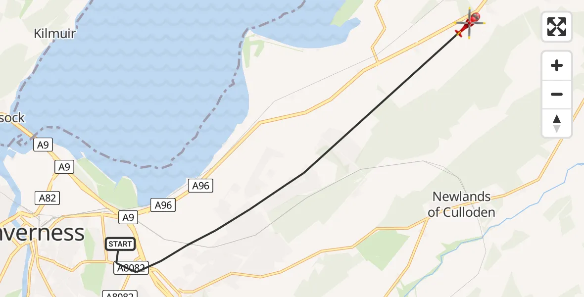 Flight route map: Air Ambulance Helicopter to Tornagrain, A96