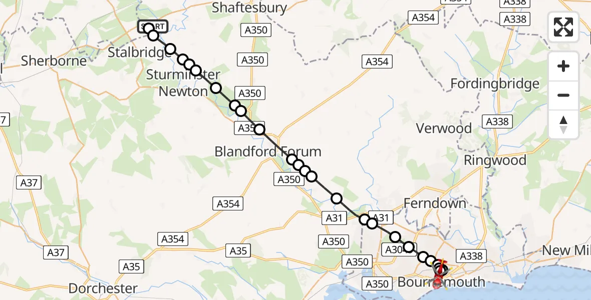 Flight route map: Air Ambulance Helicopter to Bournemouth, Central Drive