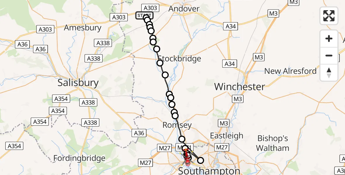Flight route map: Air Ambulance Helicopter to Southampton, Nursling Spur Motorway